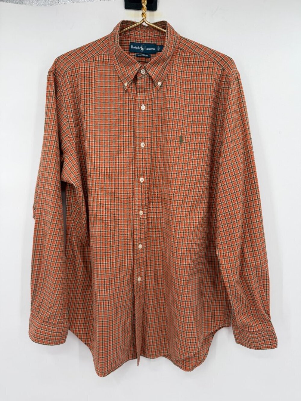 Ralph Lauren Classic Fit Plaid Button Down Shirt Men's Large Orange Green Cotton